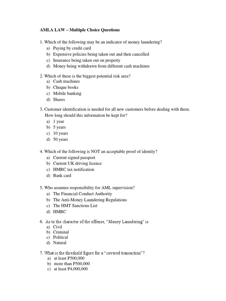 AMLA LAW - Multiple Choice Questions | PDF | Money Laundering ...