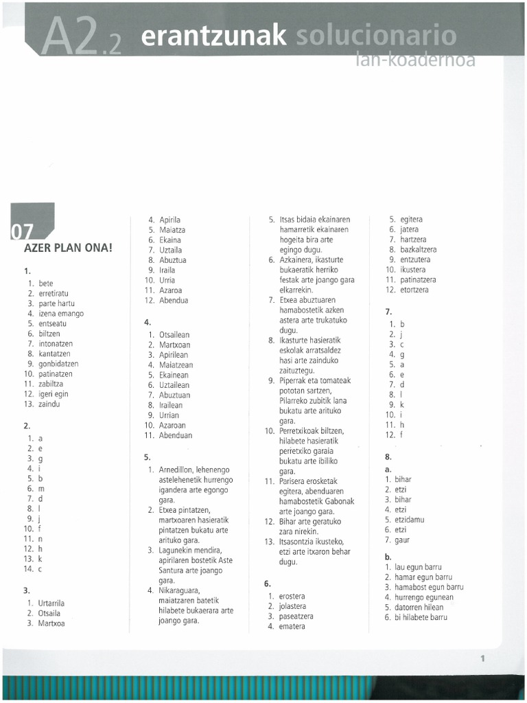 ARIAN 2.2 (Erantzunak Lan Koadernoa) ) | PDF