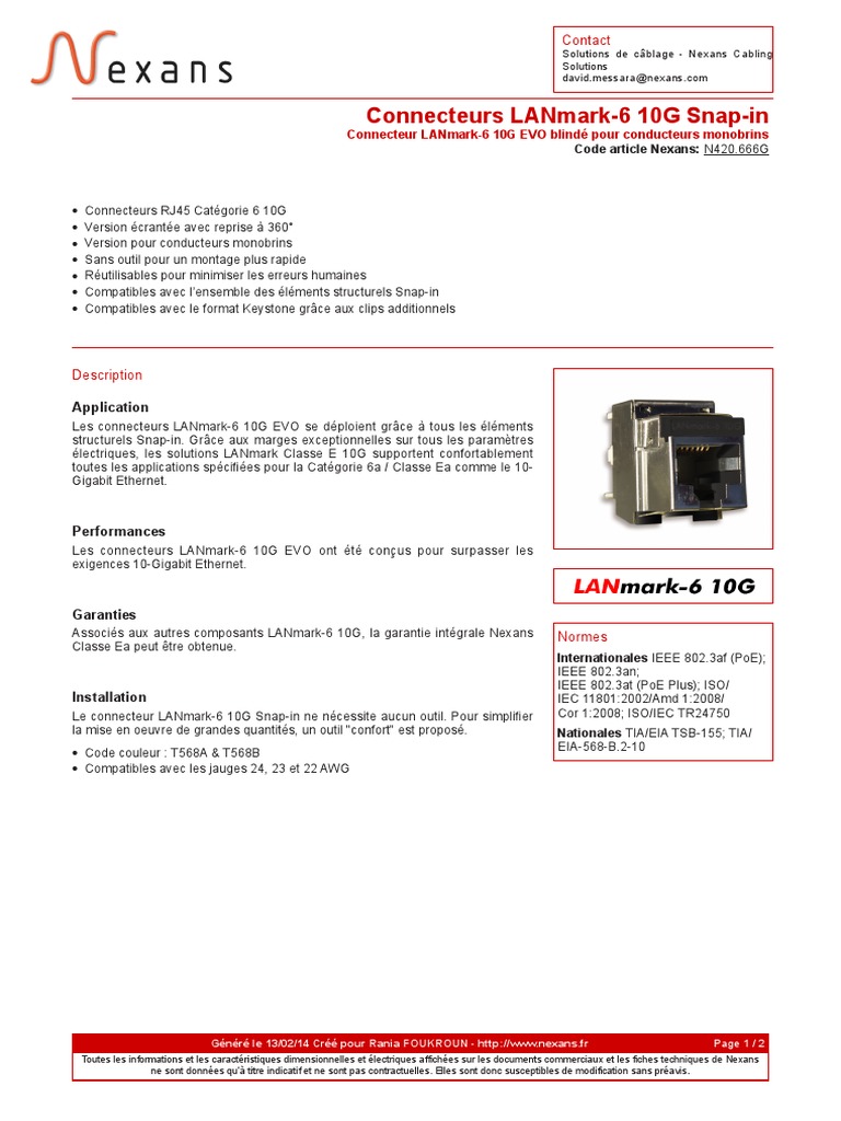 Connecteurs Lanmark-6 10G Snap-In: Contact, PDF, Biens manufacturés