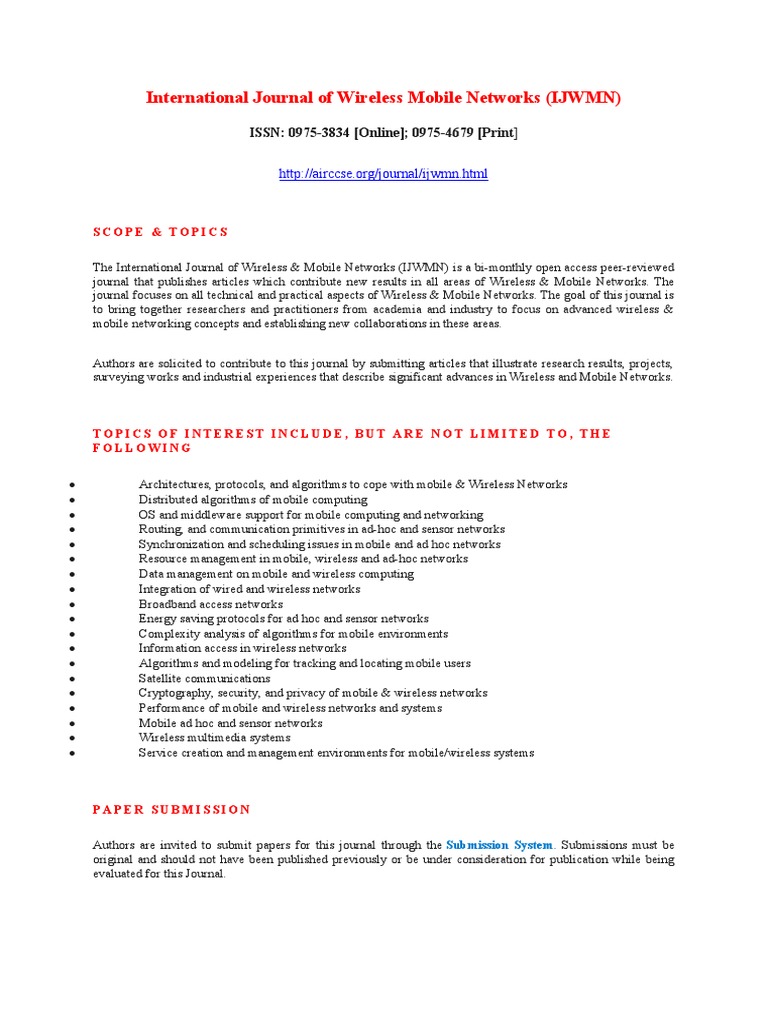 IJWMN: Call for Wireless Network Papers | PDF | Wireless Ad Hoc Network ...