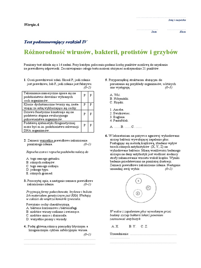 Sprawdzian Z Wirusów Bakterii I Protistów Różnorodność Wirusów, Bakterii, Protistów I Grzybów: Test Podsumowujący