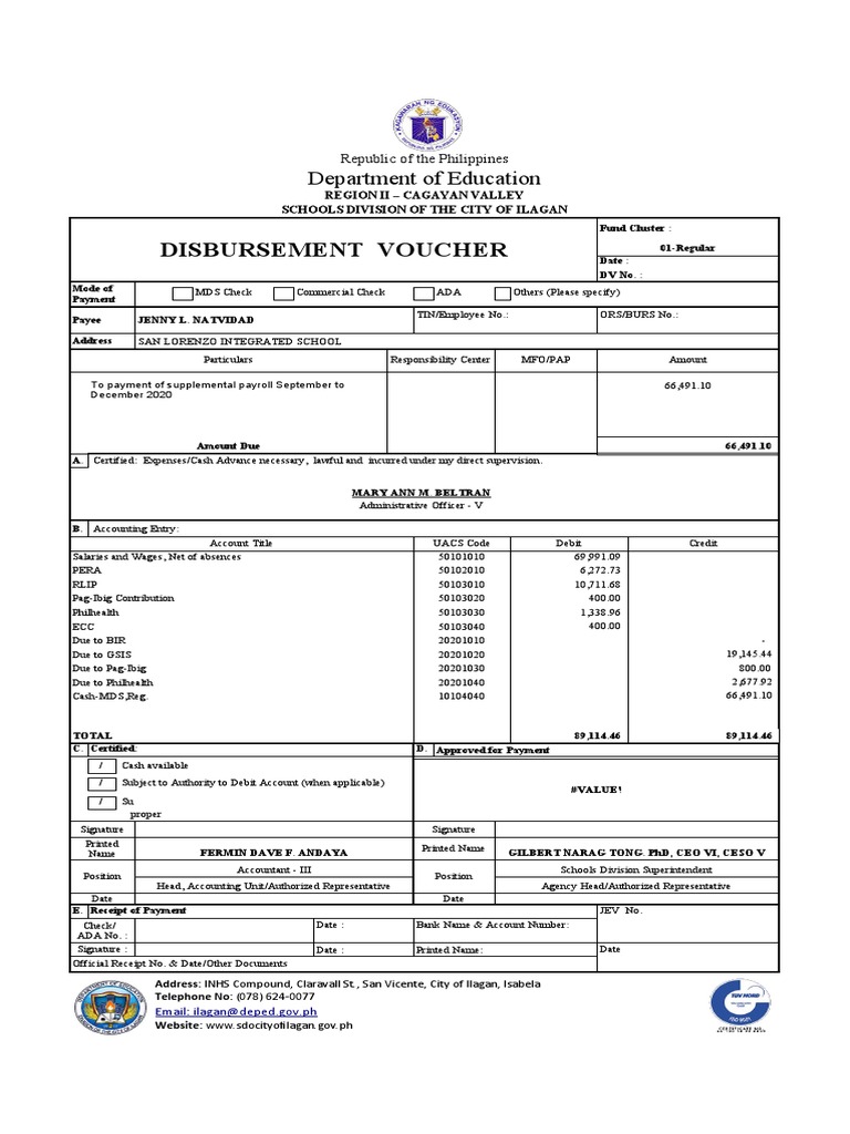 Disbursement Voucher: Department of Education | PDF | Payments | Cheque