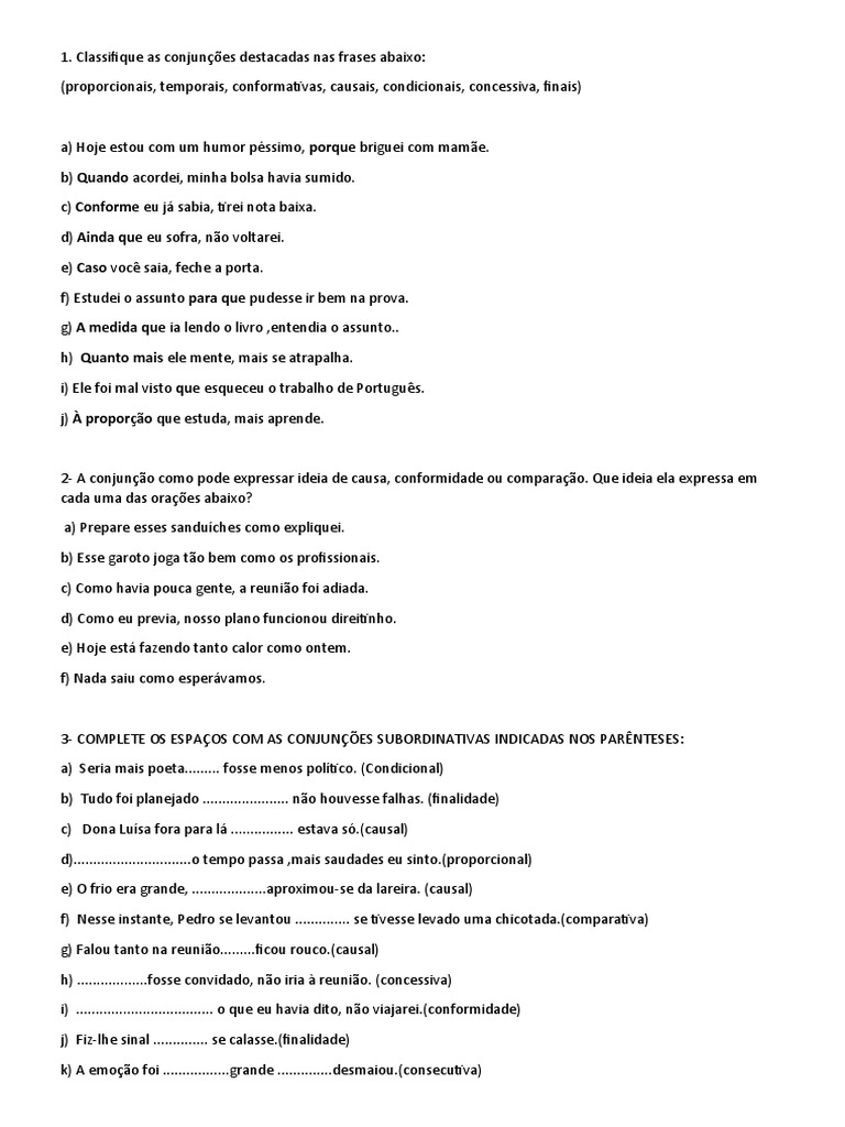 Exercícios Conjunções Subordinativas | PDF