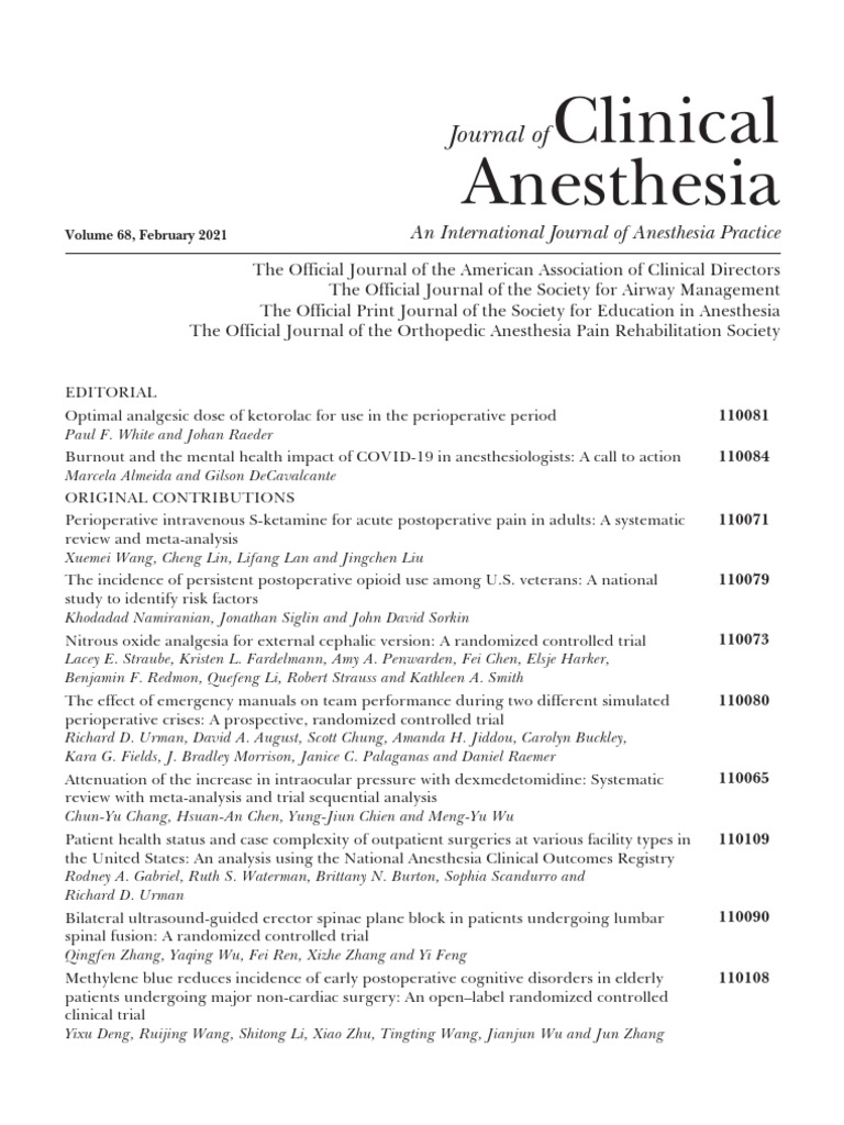 Table of Contents 2021 Journal of Clinical Anesthesia PDF
