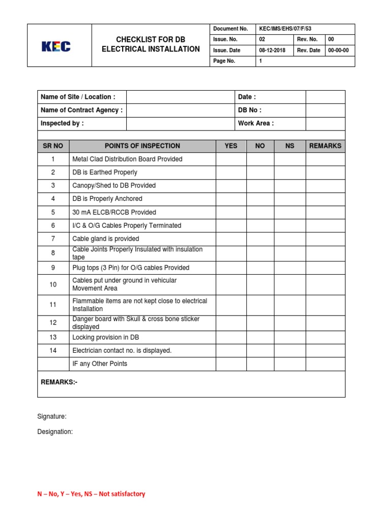 Electrical Installation DB Checklist | PDF