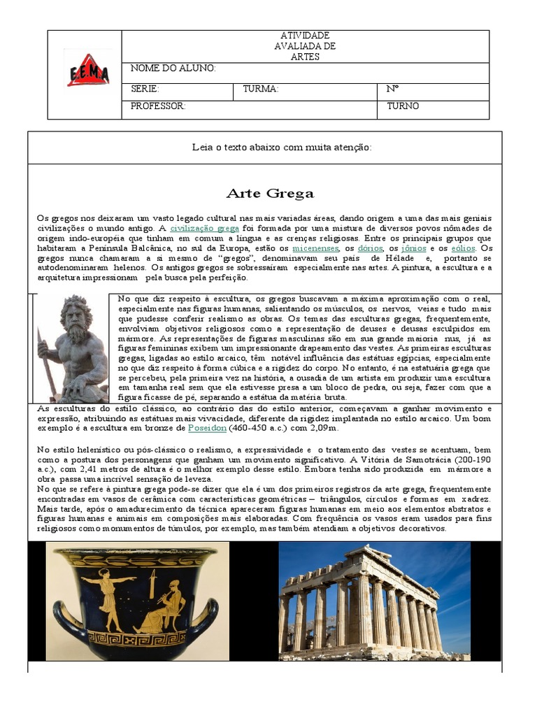 Atividade Avaliada: Arte Grega | PDF | Escultura | Estátua