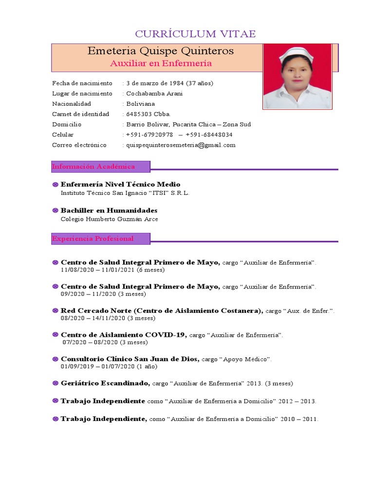 Currículum Vitae Emeteria | PDF | Enfermería | Hospital, image size:768x1024