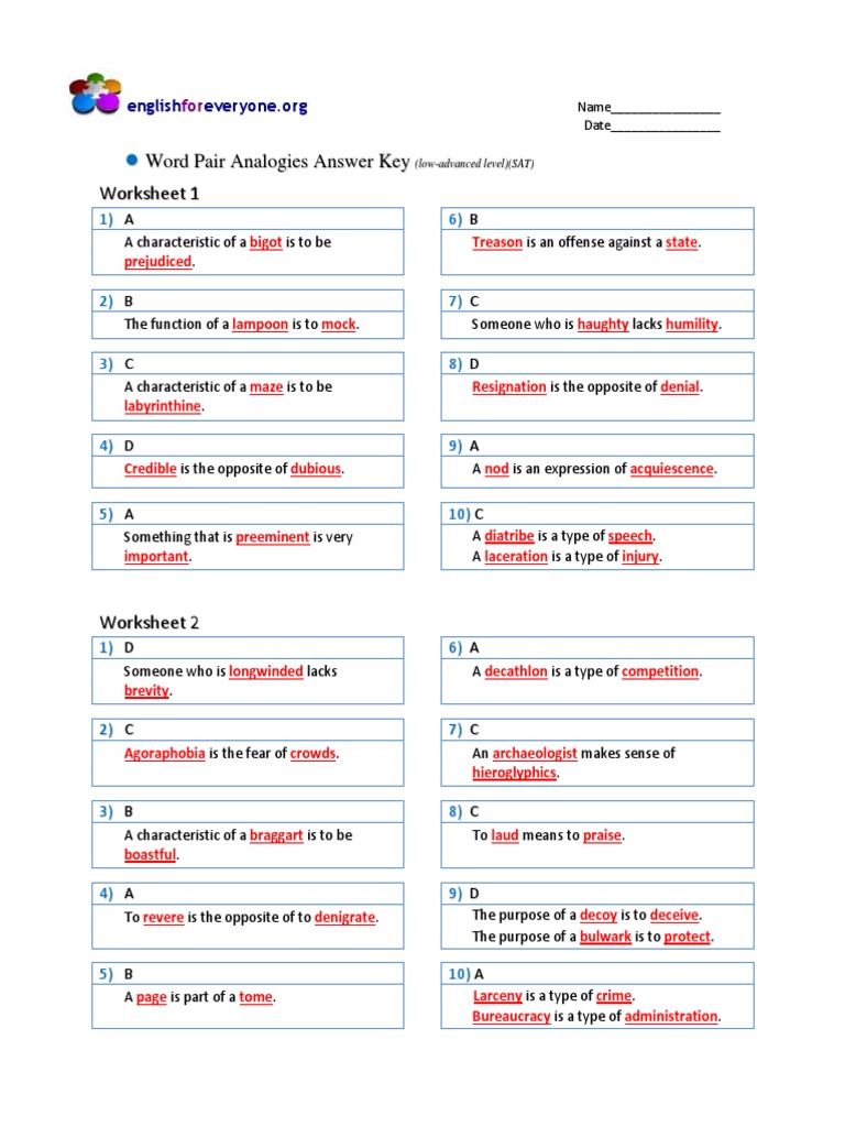 Low Advanced Analogies Answer Key PDF