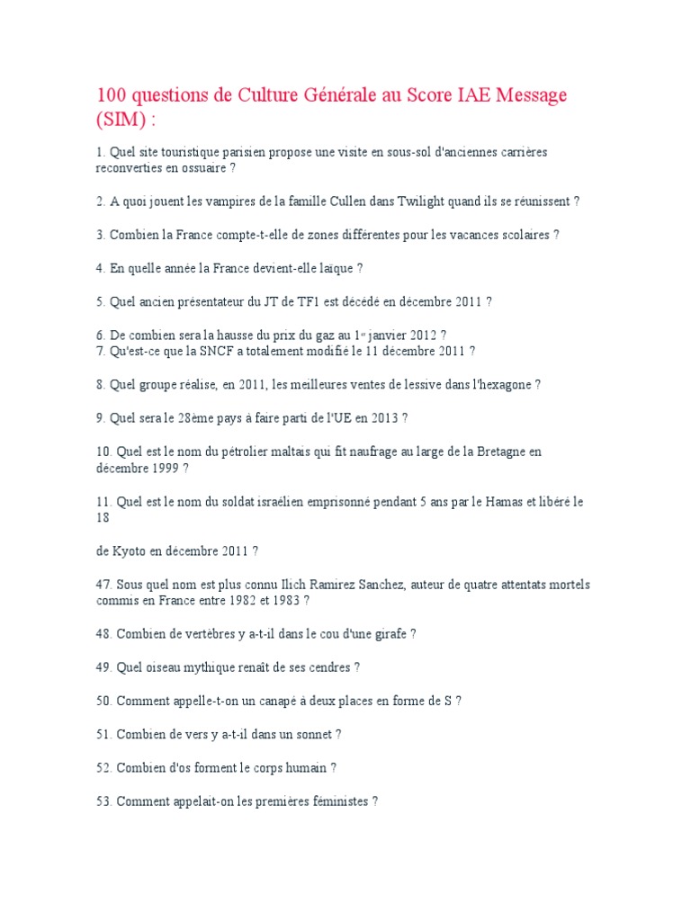 Culture Générale Iae – Les questions de culture générale au Score IAE ...