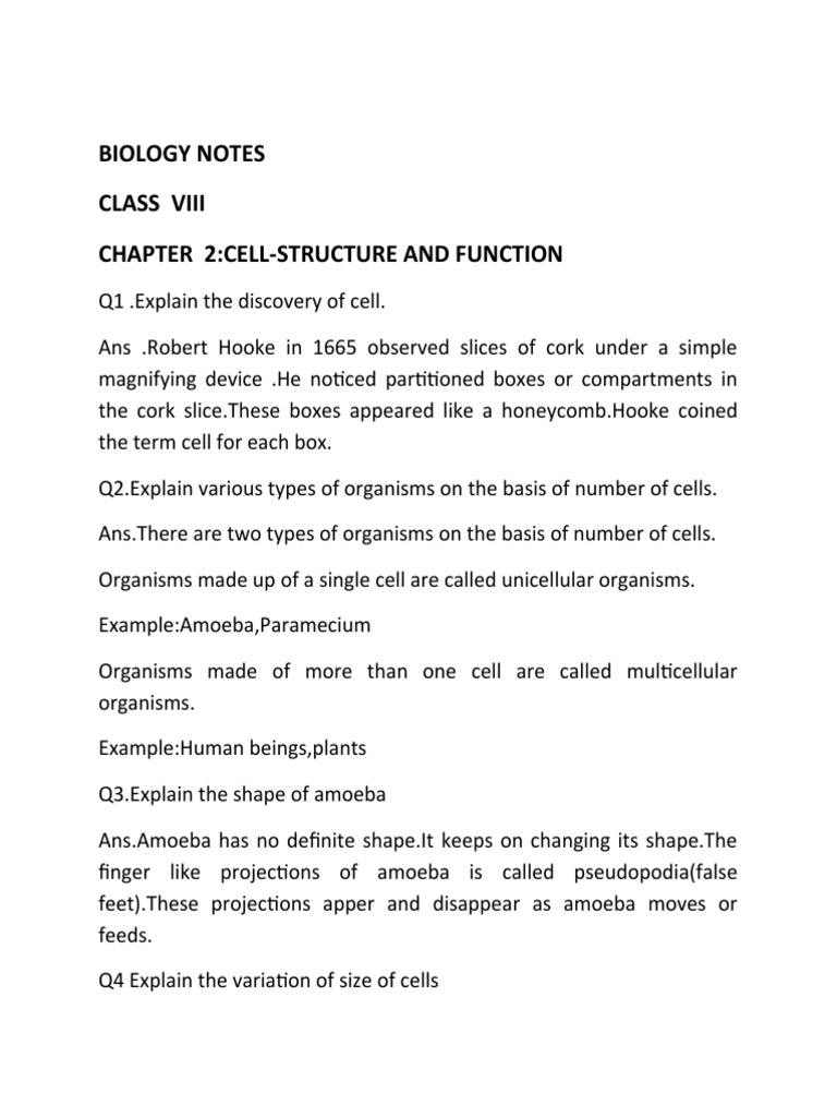 Biology Notes Class Viii Chapter 2:Cell-Structure and Function | PDF ...