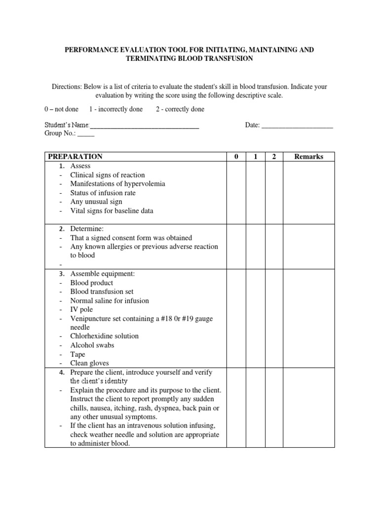 Blood Transfusion Checklist PDF Intravenous Therapy Blood Transfusion