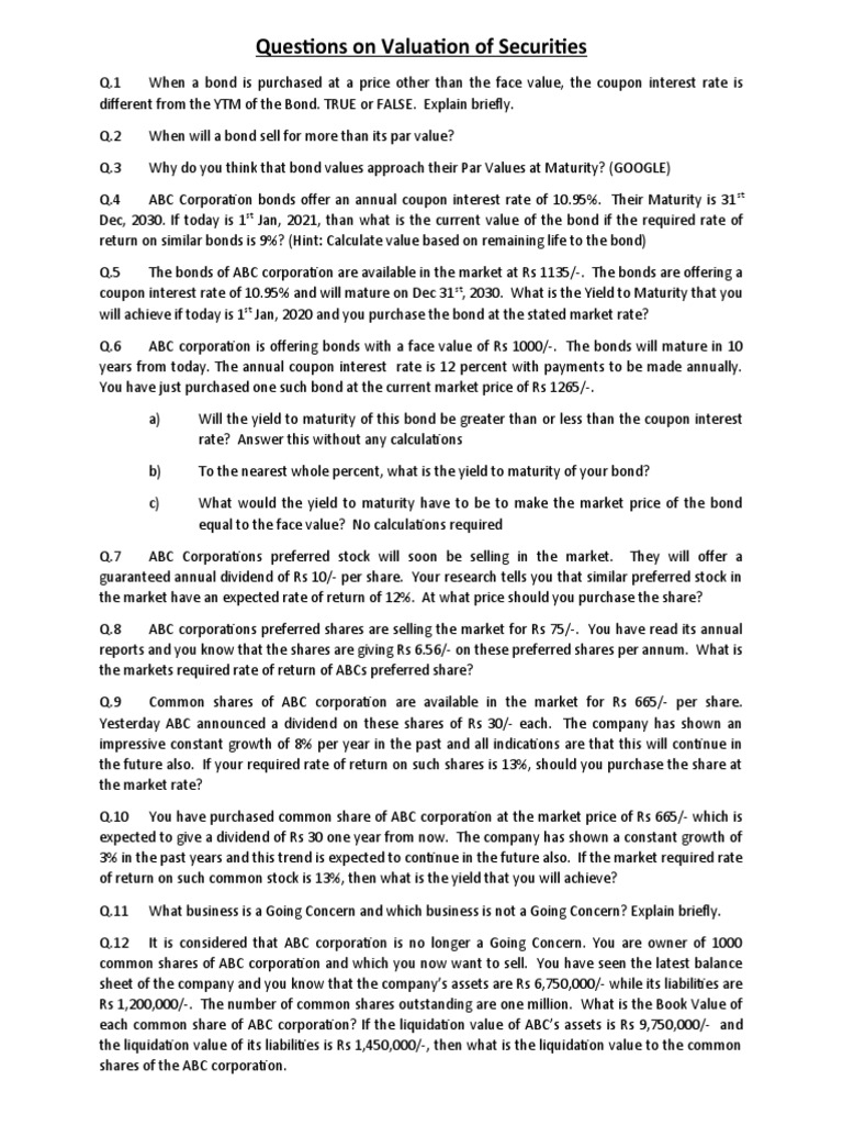Valuation of Securuites Questions | PDF | Bonds (Finance) | Yield (Finance)