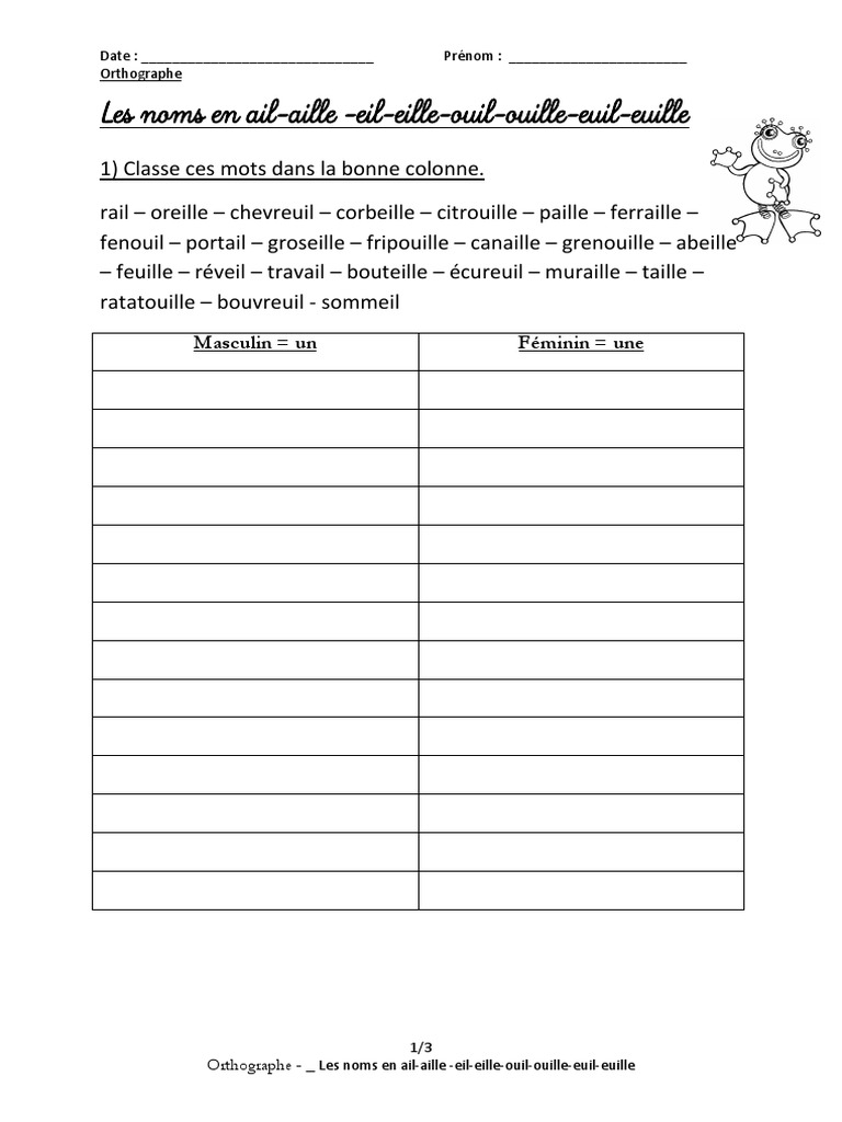 Exercice Ail Eil Euil Ouil Aille Eille Euille Ouille Les Sons Ouil Ail Euil Eil Revisions | PDF