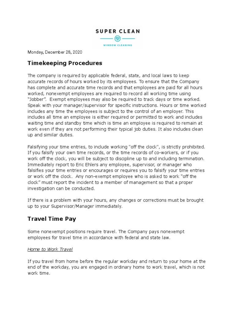 Timekeeping Procedures PDF Working Time Employment