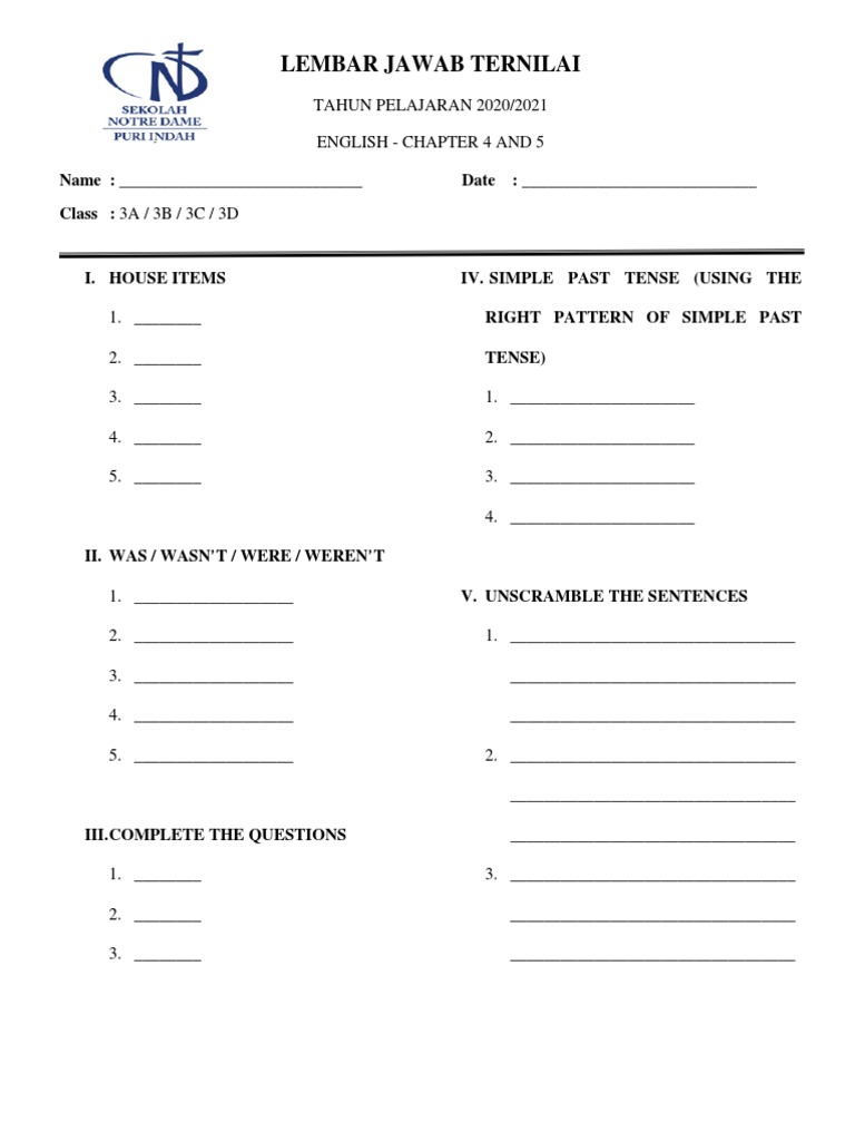 Lembar Jawab Ternilai English Chapter 4 And 5 Grade 3 Pdf