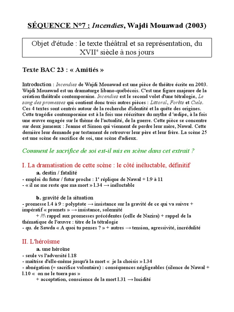 Incendies Wajdi Mouawad Bac Français Texte BAC 23 - Incendies, Amitiés | PDF | Théâtre | Divertissement (Général)