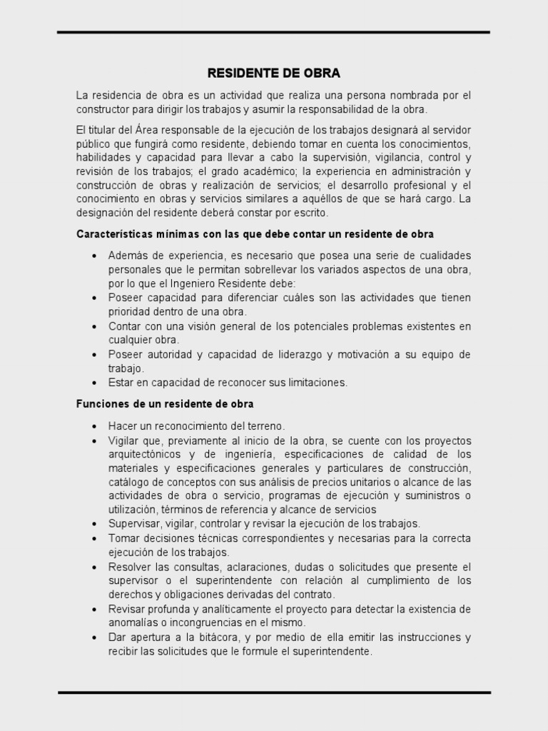 Qué Es Un Residente de Obra, Superintendente de Obra y Director de Obra PDF Contratista