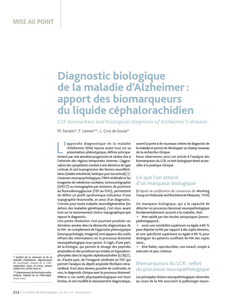 Diagnostic Biologique de La Maladie D'alzheimer: Apport Des ...