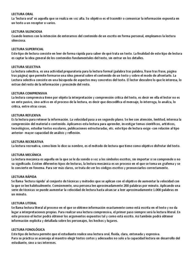 Los diferentes tipos de lectura y sus características | PDF ...