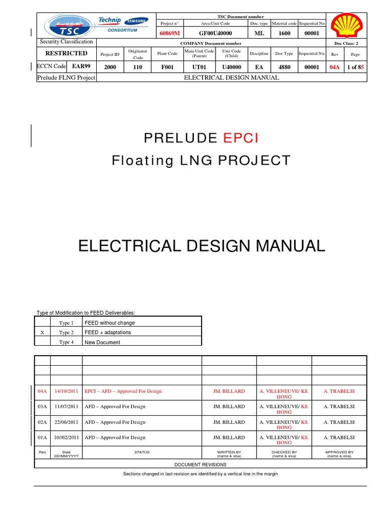 Electrical Design Manual Prelude Floating LNG PROJECT PDF Power