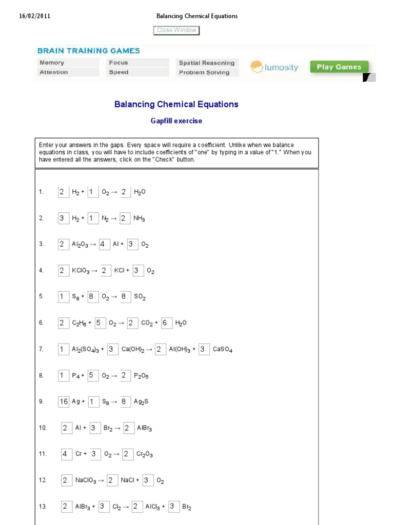 Balancing Chemical Equations: Gapfill Exercise | PDF | Chemical Engineering  | Physics