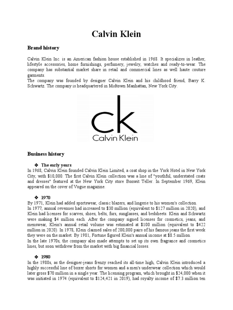 Calvin Klein: Brand History, PDF, Fashion