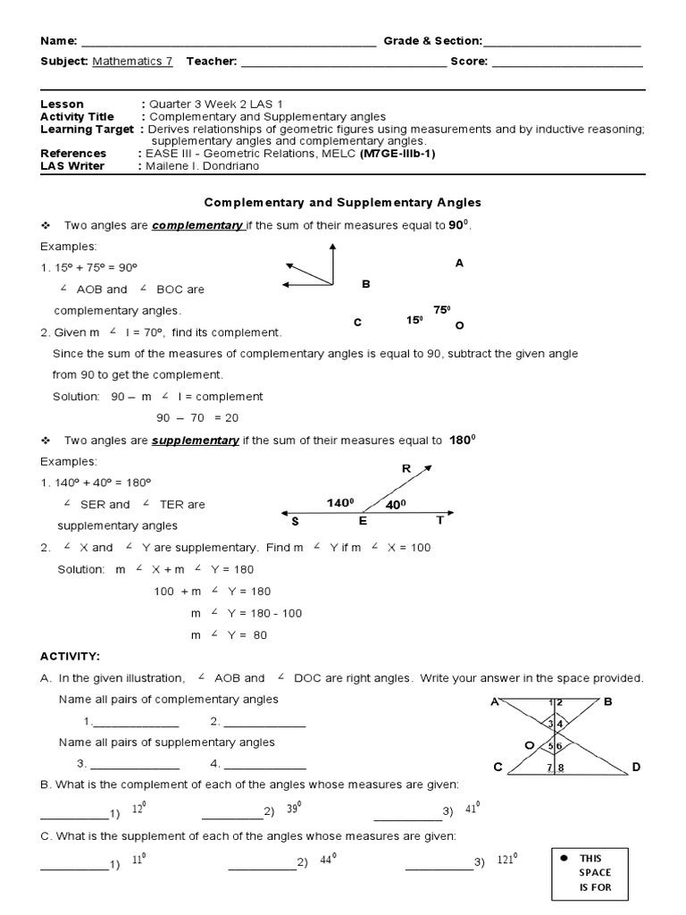 Complementary and Supplementary Angles | PDF | Angle | Geometry