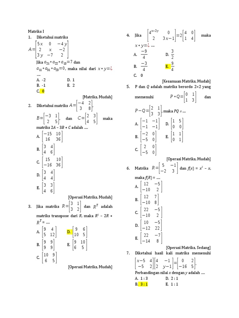 Soal Latihan Operasi Matriks Kelas 11 | PDF | Metode & Bahan Ajar