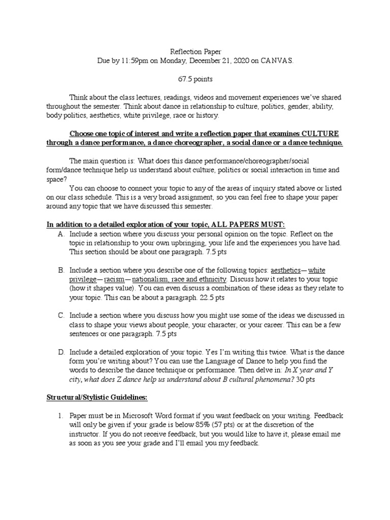 Dance and Culture Reflection Paper | PDF | Dances | Thesis