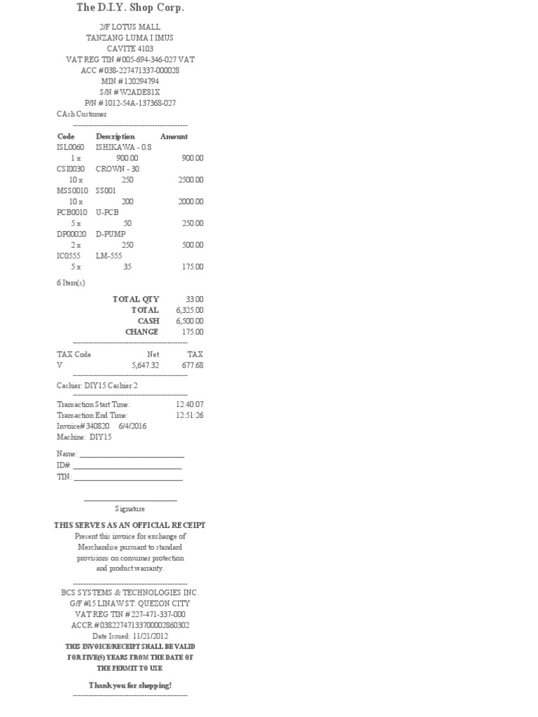 Mr DIY Official Receipt Example | PDF