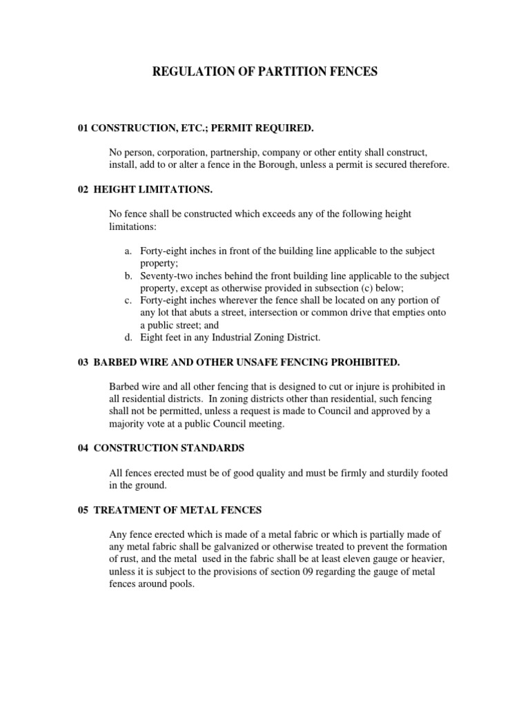 Regulation of Partition Fences PDF Fence Zoning