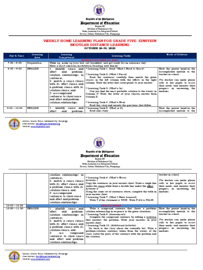 Department of Education: Weekly Home Learning Plan For Grade Five ...