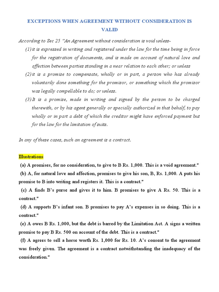 Exceptions When Agreement Without Consideration Is Valid PDF