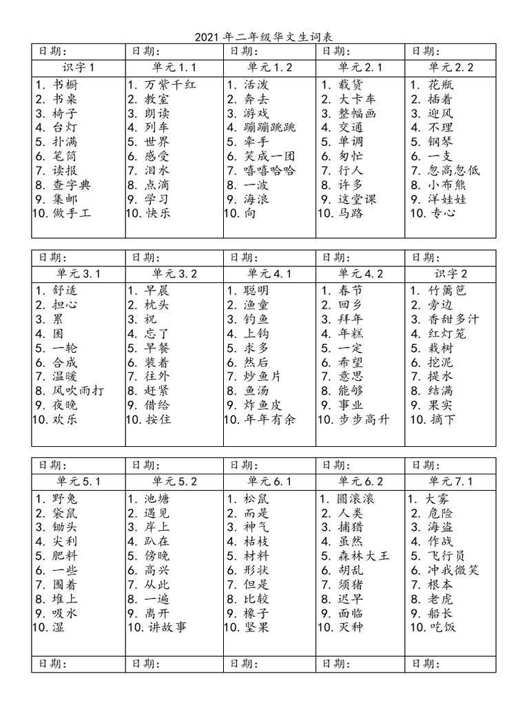 2021年二年级华文生词表 | PDF