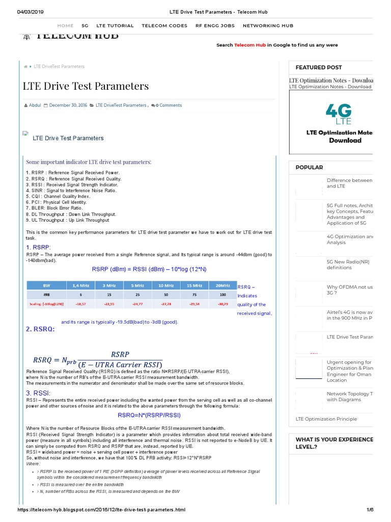 LTE Drive Test Parameters Overview | PDF | Bit Rate | Mimo