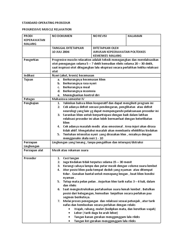 Prosedur Relaksasi Otot Progresif Keperawatan | PDF