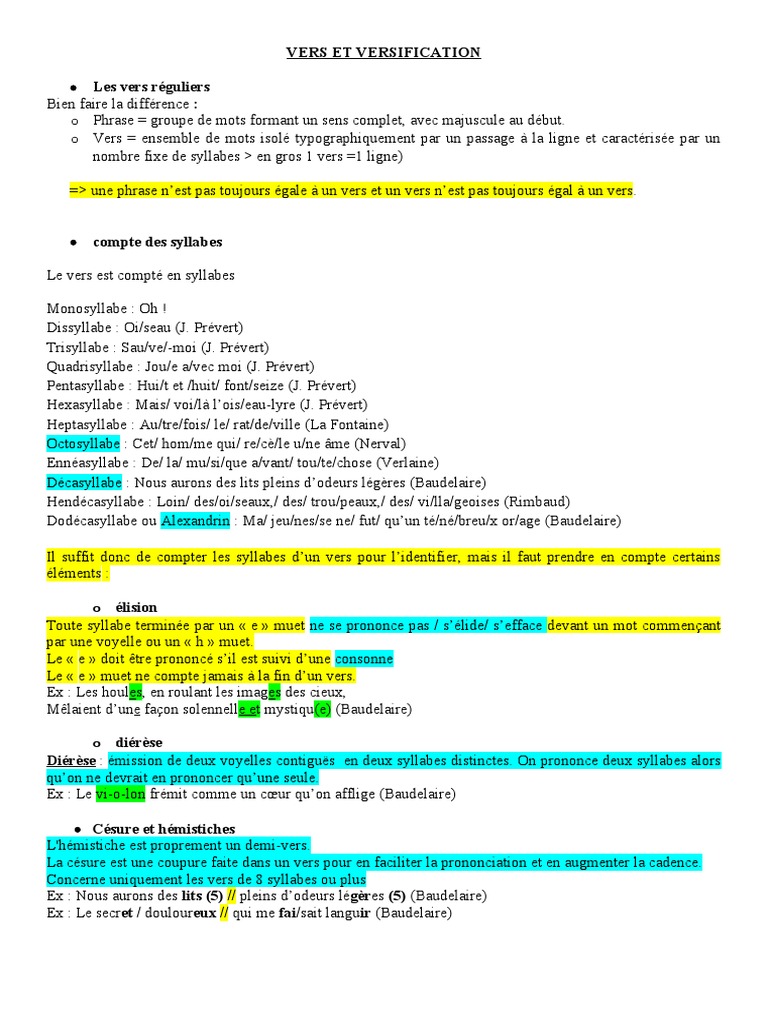 Nombre De Syllabe Dans Un Vers Vers Et Versification - Élève | PDF | Rime dans la poésie | Euphonie