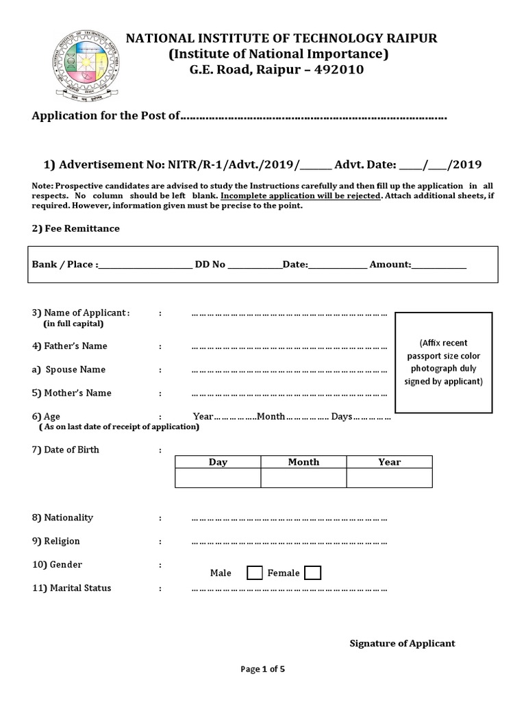 NIT Raipur Job Application Form | PDF | Business