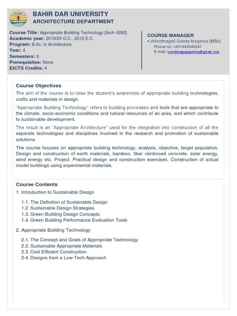 Appropriate Building Technology Course | PDF | Sustainable Design ...
