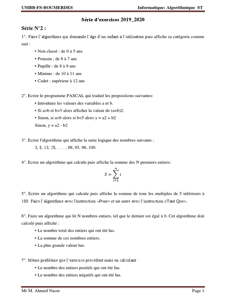 Exercices d'Algorithmique en Informatique | PDF | Matrice ...