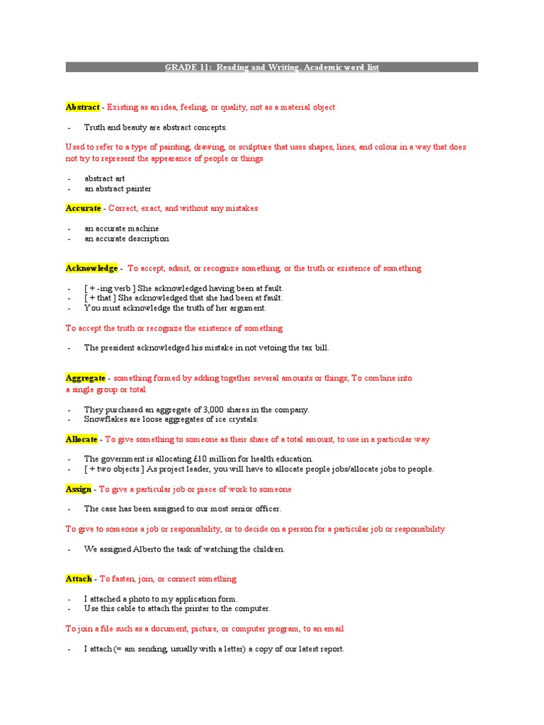 Academic Word List Reading and Writing Grade 11 Download Free PDF