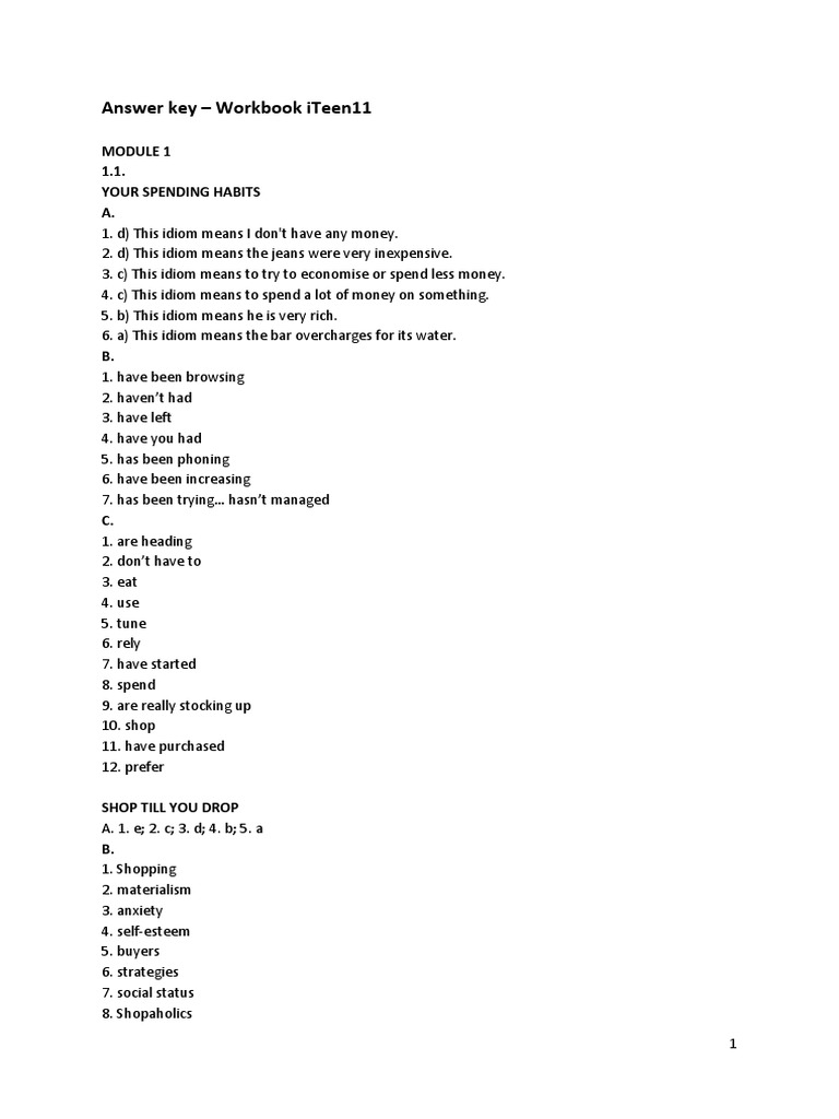 Answer Key - Workbook Iteen11: 1.1. Your Spending Habits A | PDF ...