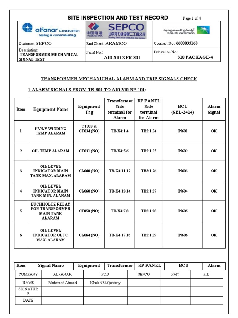 Site Inspection and Test Record:: A10-310-XFR-801 | PDF | Transformer ...