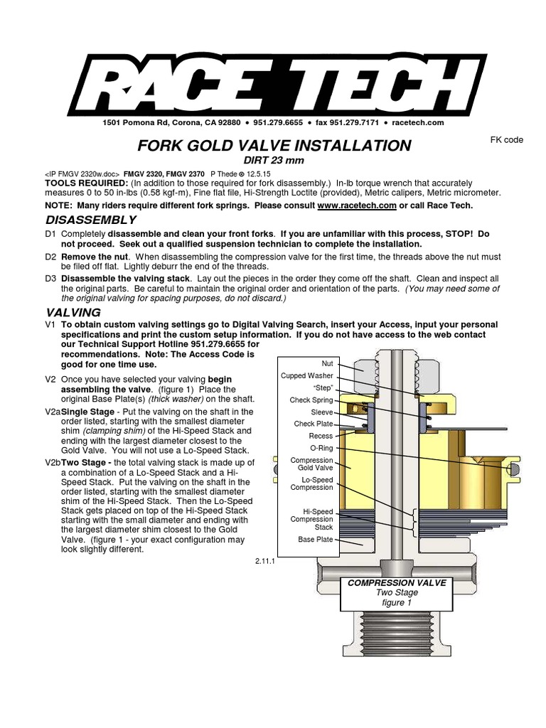 Race Tech Gold Valve Fork Kit Type 1 FMGV 2320 - Bolt-On Cartridge Fork Valve Upgrade For Dirt Bikes