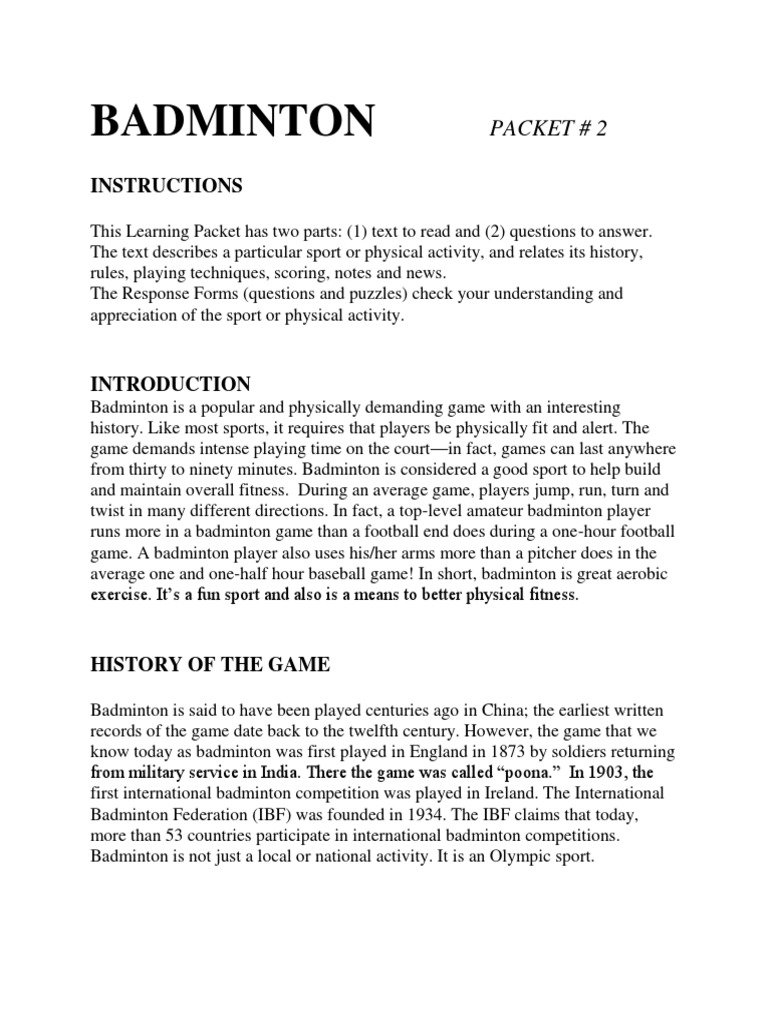 Badminton Packet 2 PDF Sports Athletic Sports