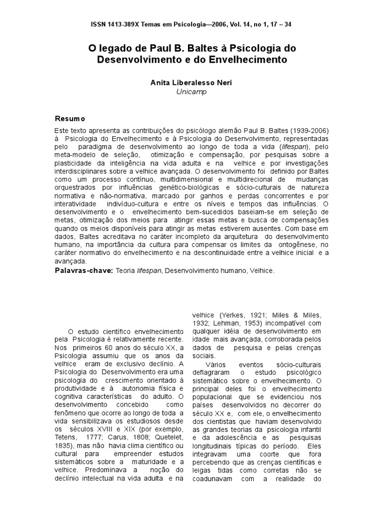 Legado de Paul Baltes na Psicologia do Envelhecimento | PDF ...