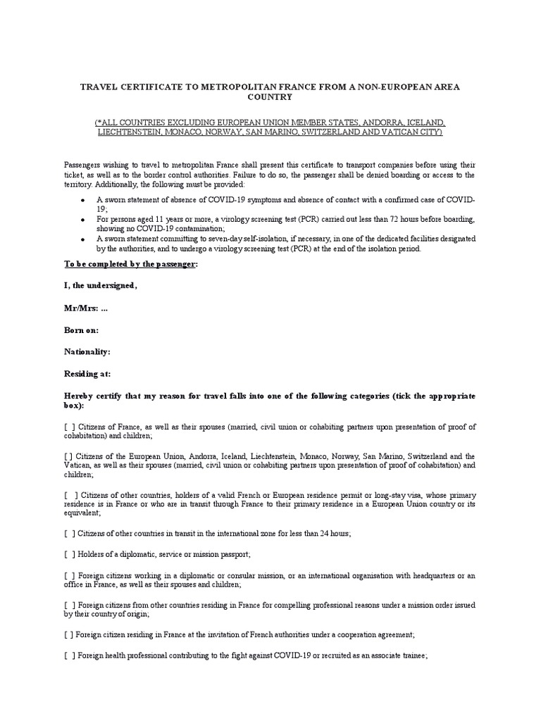 Travel Certificate for France Entry | PDF | Travel Visa | Transport