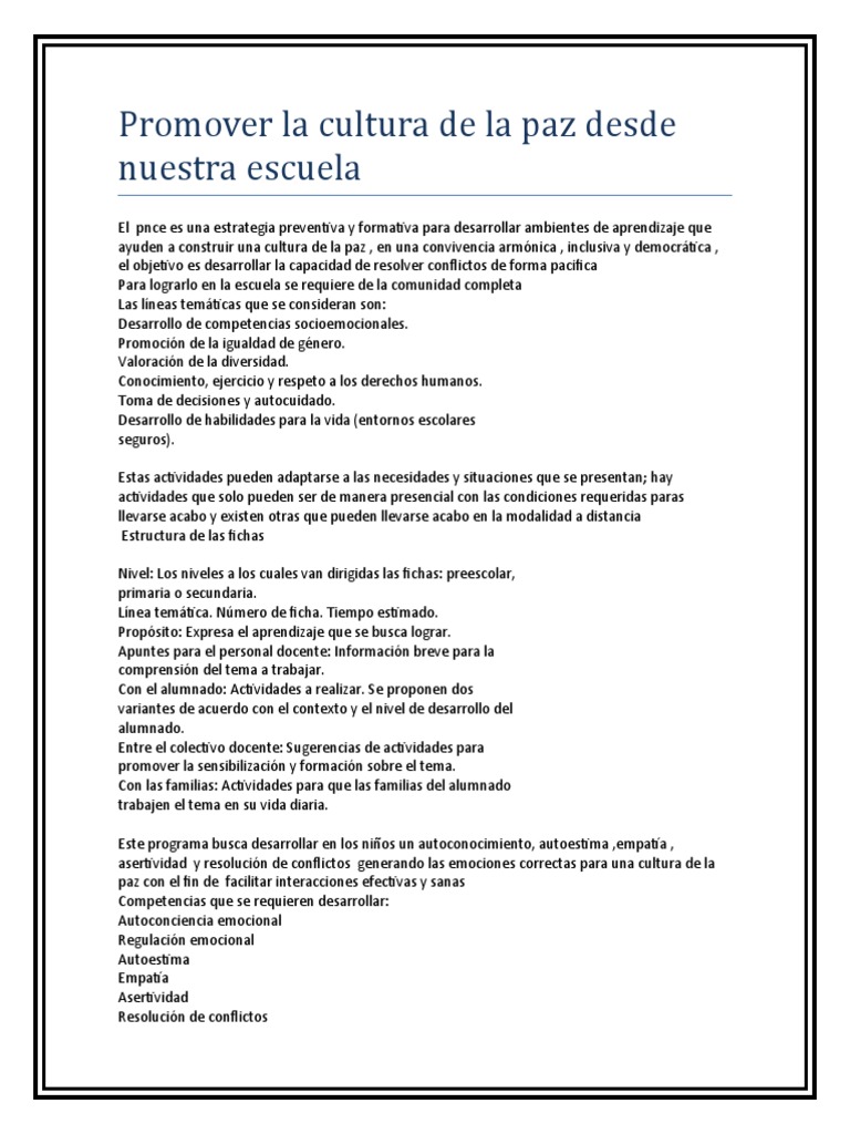 Promover La Cultura de La Paz Desde Nuestra Escuela | PDF | Las ...