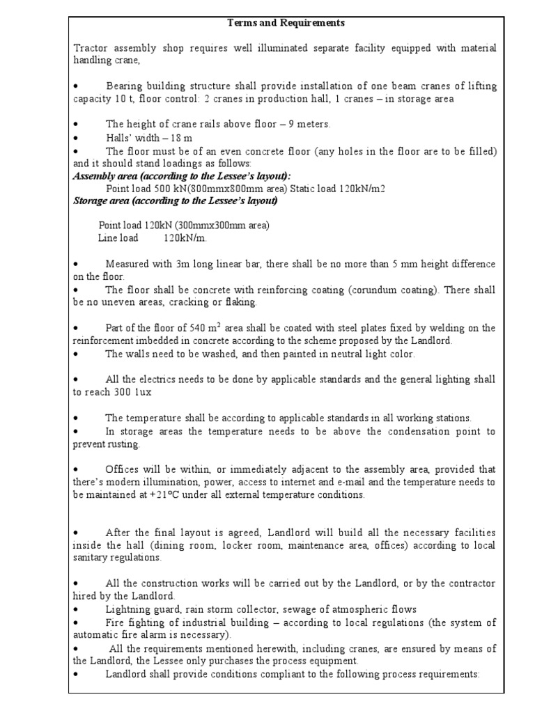 Tractor Assembly Shop Requirements | PDF | Crane (Machine) | Warehouse
