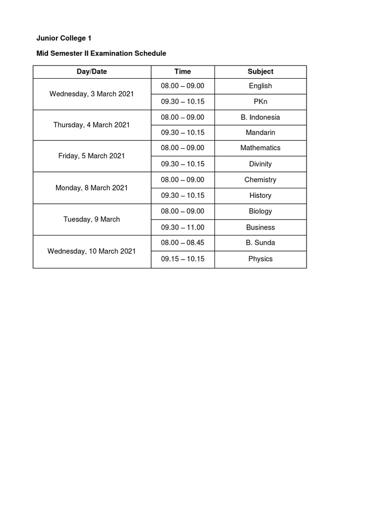 JC 1 Mid Examination Schedule | PDF | Mechanics | Science